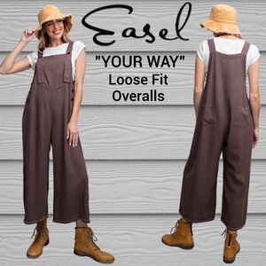 EASEL “Your Way” Linen-Look Loose Fit Adjustable Overalls Pockets Button Closure